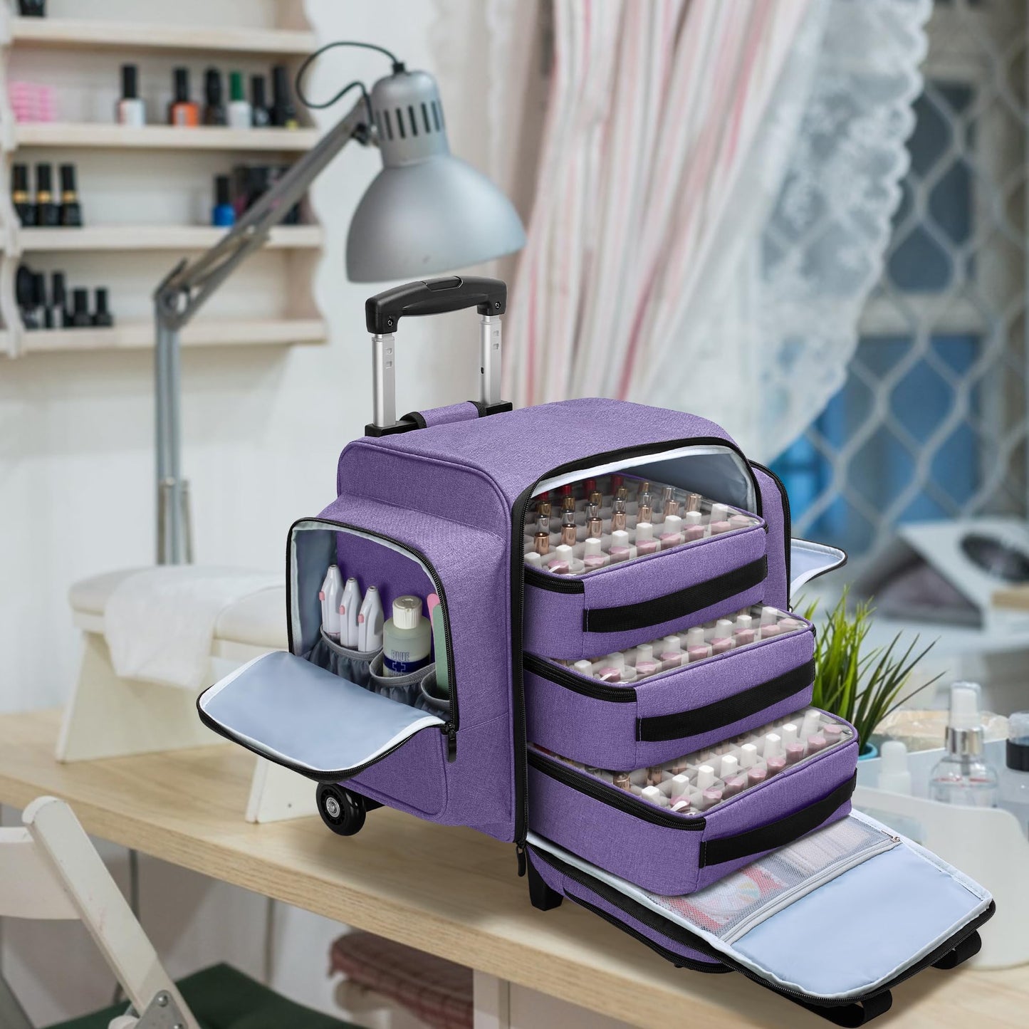 BAFASO Rolling Nail Polish Organizer Holds 144 Bottles, Nail Polish Case with a Detachable Dolly and 3 Removable Cases (Patented Design), Purple