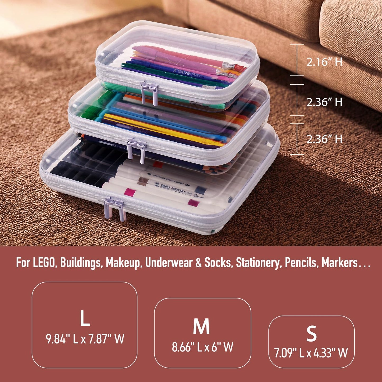 MACOPRO 4PCS Medium Clear Hard Shell Zipper Pouch - Makeup Organizer & Toy Storage Bag for Lego Bricks, Transparent Pencil Case for Stationery, Portable Travel Toiletries Bag