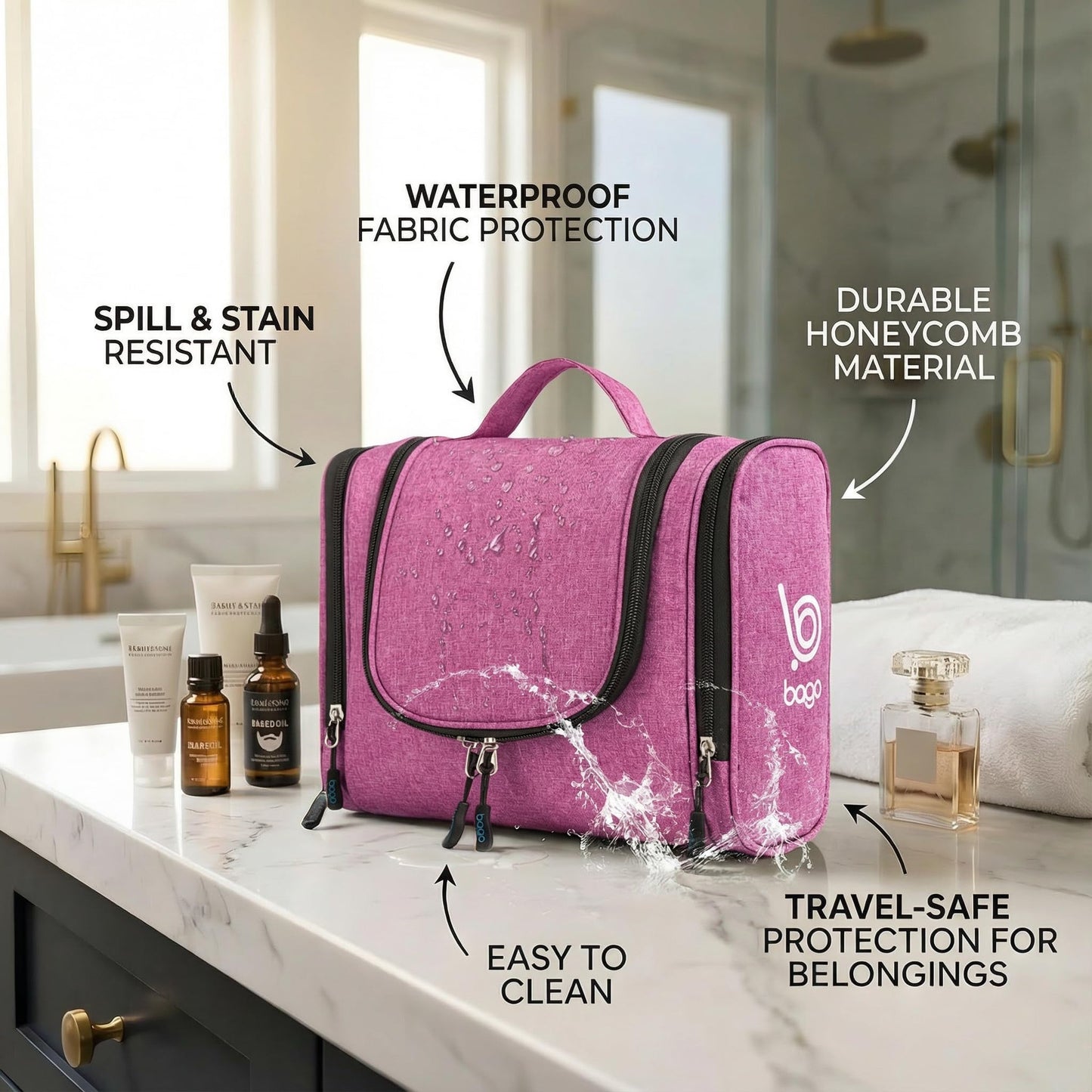Bago Travel Toiletry Bag for Women and Men - Large Waterproof Hanging Large Toiletry Bag for Bathroom and Travel Bag for Toiletries Organizer - Makeup Bag (SnowPurple)