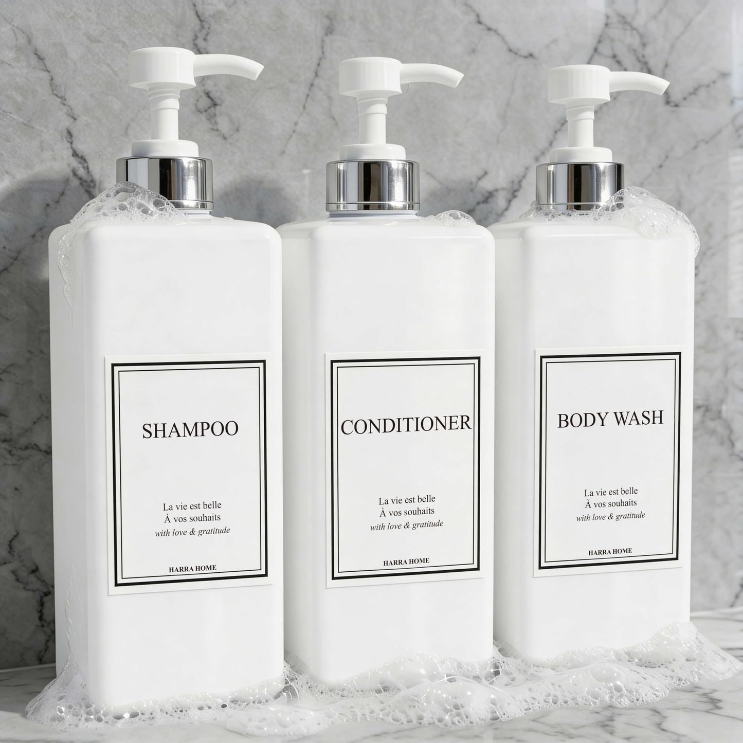 HARRA HOME Modern Gold Design Pump Bottle Set 27 oz Refillable Shampoo and Conditioner Dispenser Empty Shower Plastic Bottles with Pump for Bathroom Lotion Body wash, Pack of 3 (White & Silver)