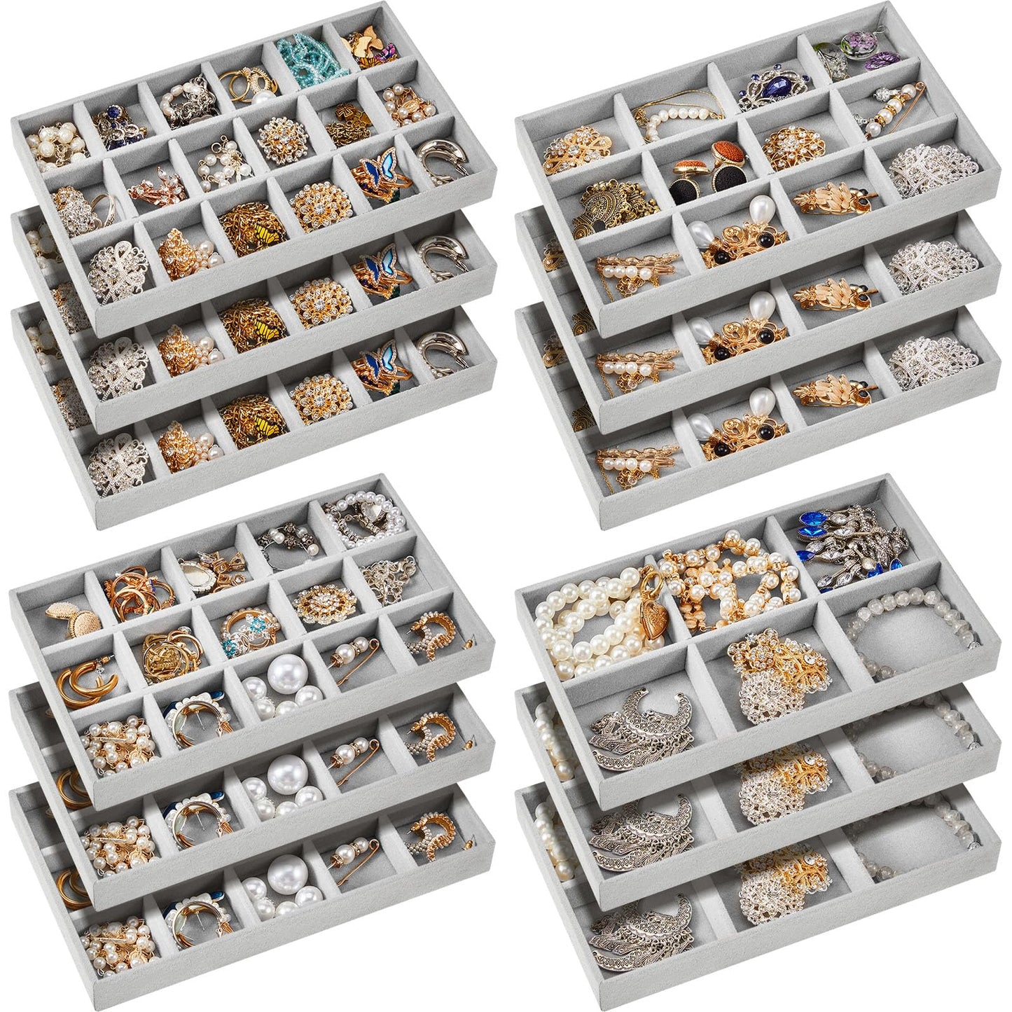 Junkin 12 Pcs Jewelry Tray Velvet Stackable Jewelry Organizer Trays Divided Earring Accessories Storage Containers Box(Gray)