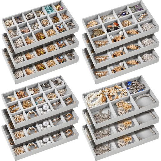 Junkin 12 Pcs Jewelry Tray Velvet Stackable Jewelry Organizer Trays Divided Earring Accessories Storage Containers Box(Gray)