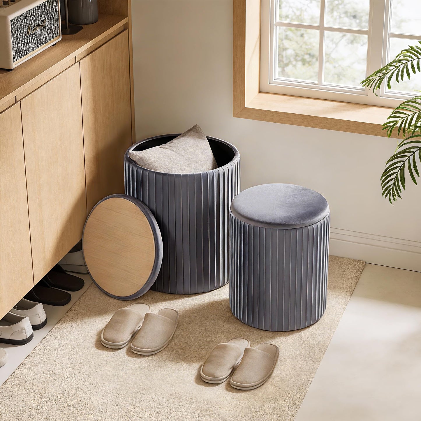 DUMOS Round Ottoman with Storage Set of 2, Vanity Stool Chair with Storage, Makeup Cute Soft Small Footstool Modern Style Coffee Table, Small Velvet Foot Stool for Living Room Bedroom Dorm, Deep Grey