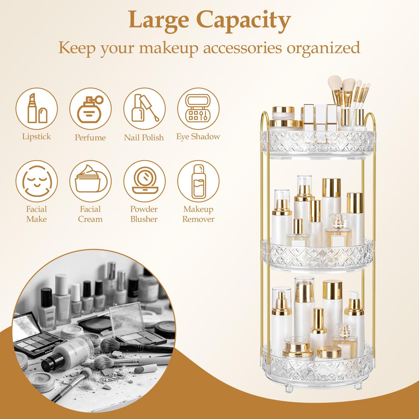 LAREKUN 360 Rotating Makeup Organizer for Vanity, 3 Tier Adjustable Perfume Organizer for Dresser, Multi-Function Spinning Cosmetics Skincare Storage for Bedroom, Dresser, Countertop, Clear
