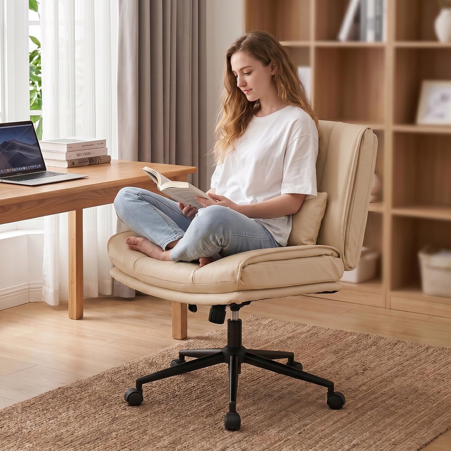 BIAOZHIKE Armless Criss Cross Office Chair with Wheels,PU Leather Beige