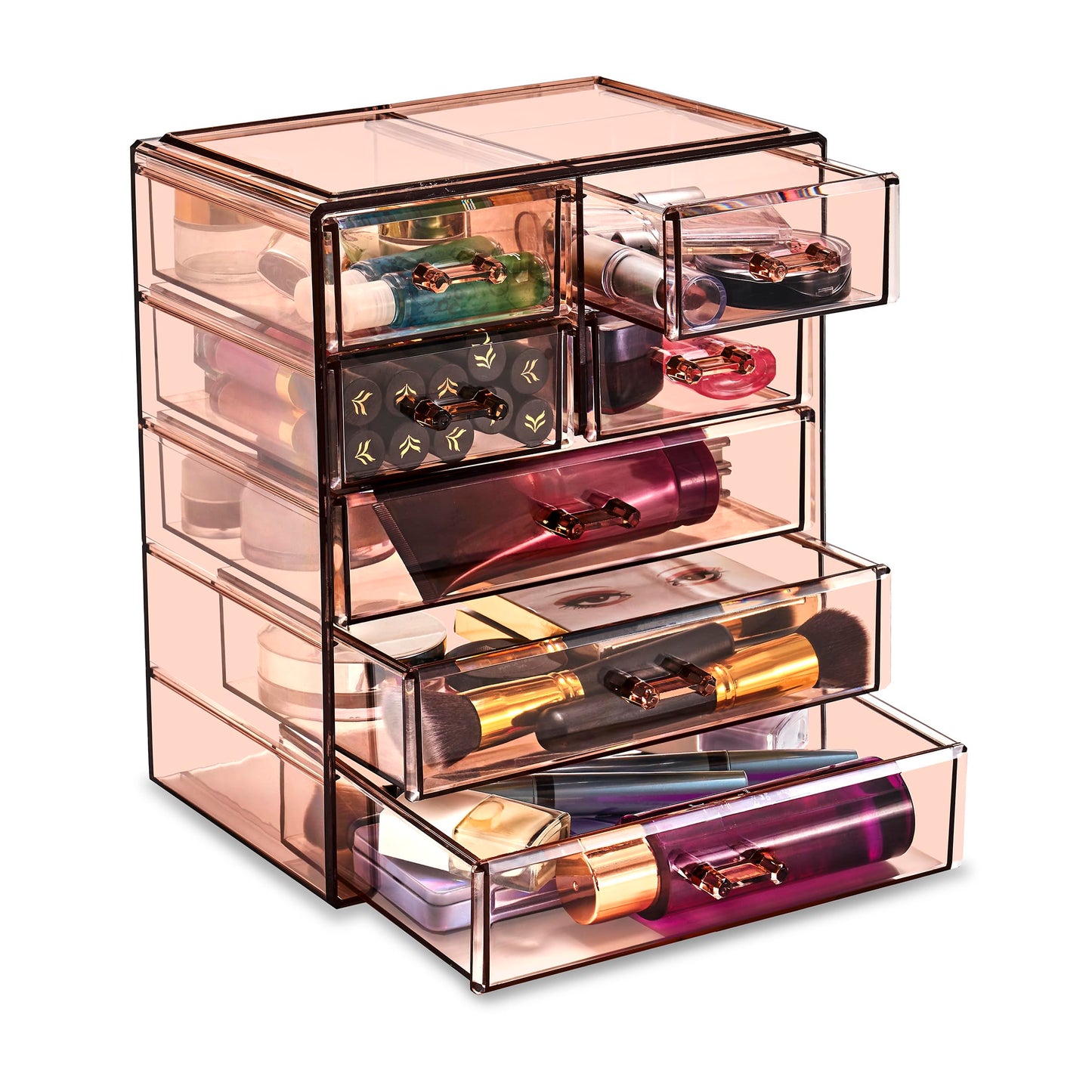Sorbus Acrylic Makeup Organizer Set, 7-Drawer Vanity & Countertop Cosmetic Storage with Small & Wide Drawers, Bronze Glow Makeup Storage for Brushes, Lipsticks, Jewelry, Holiday Gift for Women & Teens