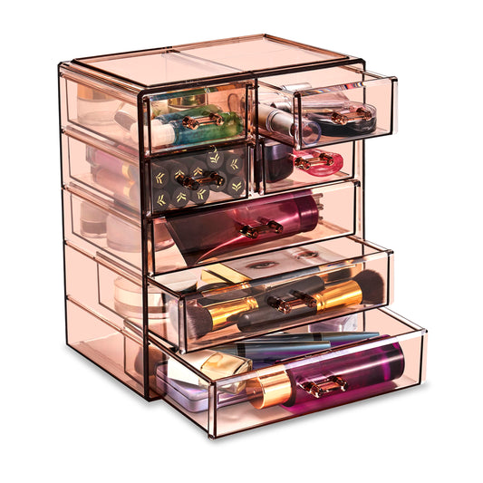 Sorbus Acrylic Makeup Organizer Set, 7-Drawer Vanity & Countertop Cosmetic Storage with Small & Wide Drawers, Bronze Glow Makeup Storage for Brushes, Lipsticks, Jewelry, Holiday Gift for Women & Teens