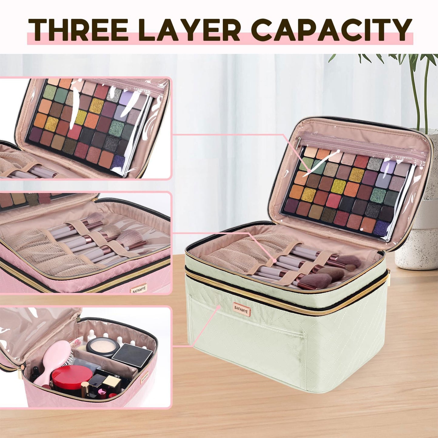 BAFAMYE 8.8L Double Layer Travel Makeup Bag Women, Large Cosmetic Case, Organizer for Travel-Size Accessories Bottles, Brushes, and Skin Care Products, Beige 2.33 GAL