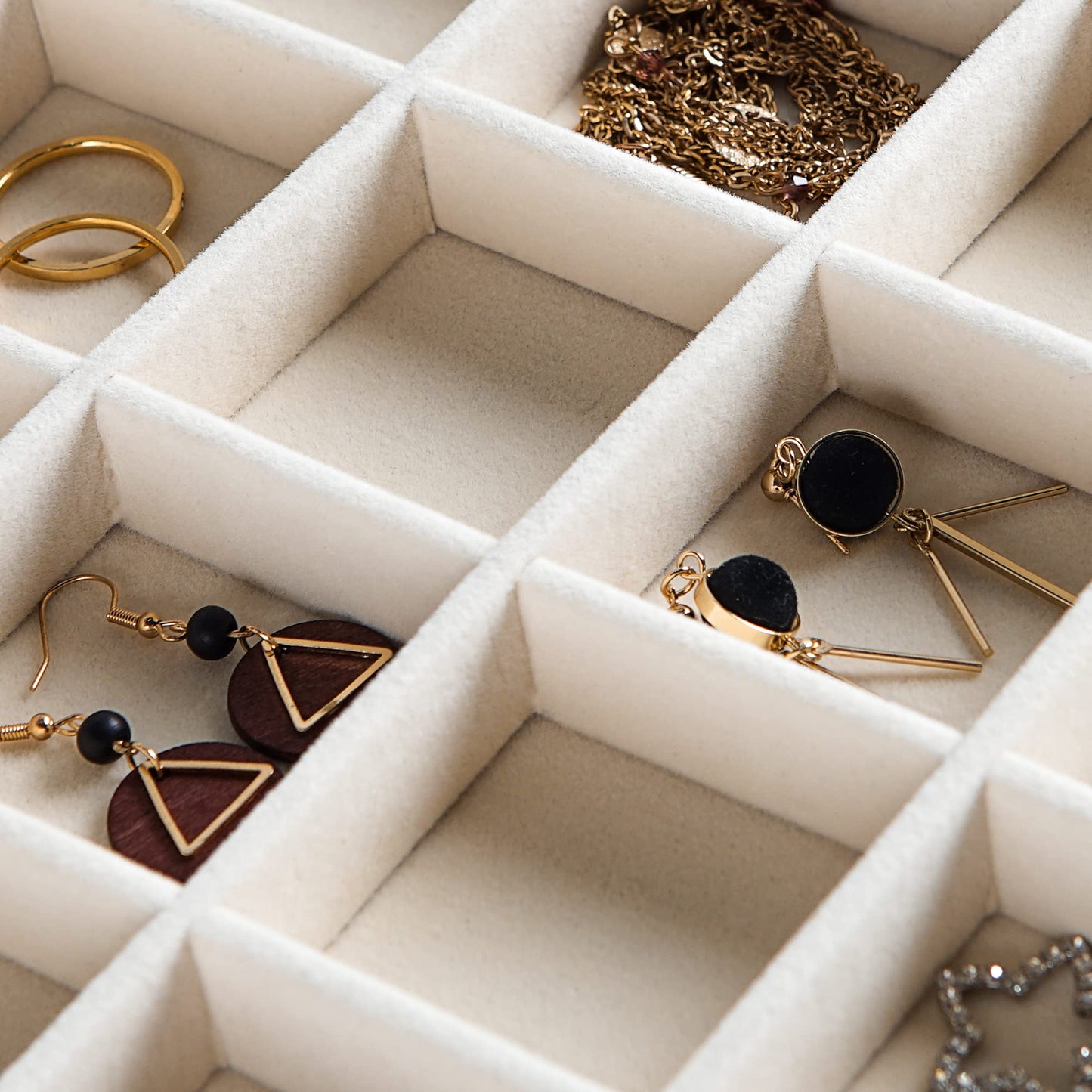 Frebeauty Stackable Velvet Jewelry Organizer Trays for Drawers Inserts Jewelry Storage Tray Display Case, Stud Earrings Bracelets Necklace Rings Accessories Trays for Women Girls(Set of 2 Beige)