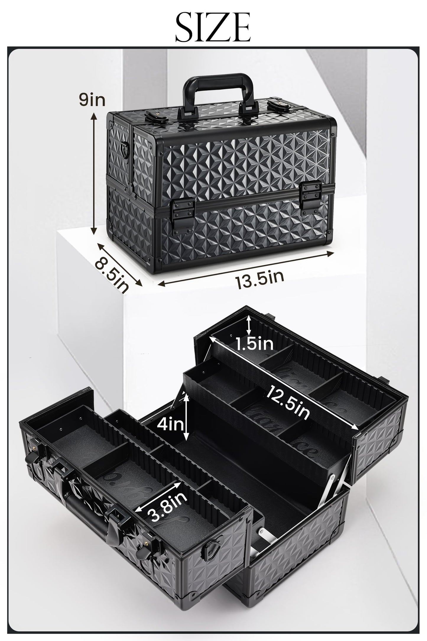 Joligrace Makeup Train Case Professional Cosmetic Organizer Aluminum Storage Box with 4 Adjustable Dividers Trays Lockable Portable with Shoulder Strap - Black