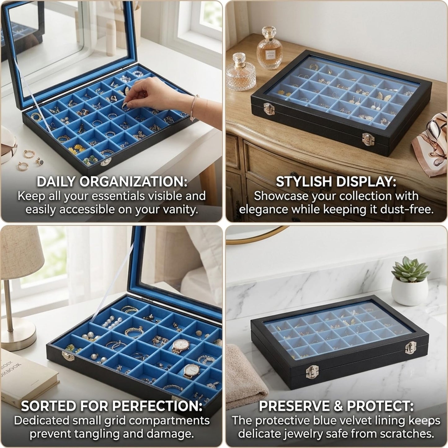 Stratalife Jewelry Holder Organizer Jewelry Drawer Organizer Earring Holder Jewelry Organizer Tray Earring Organizer for Women Girls Anti Tarnish Jewelry Box 30 Grid (Blue Black)