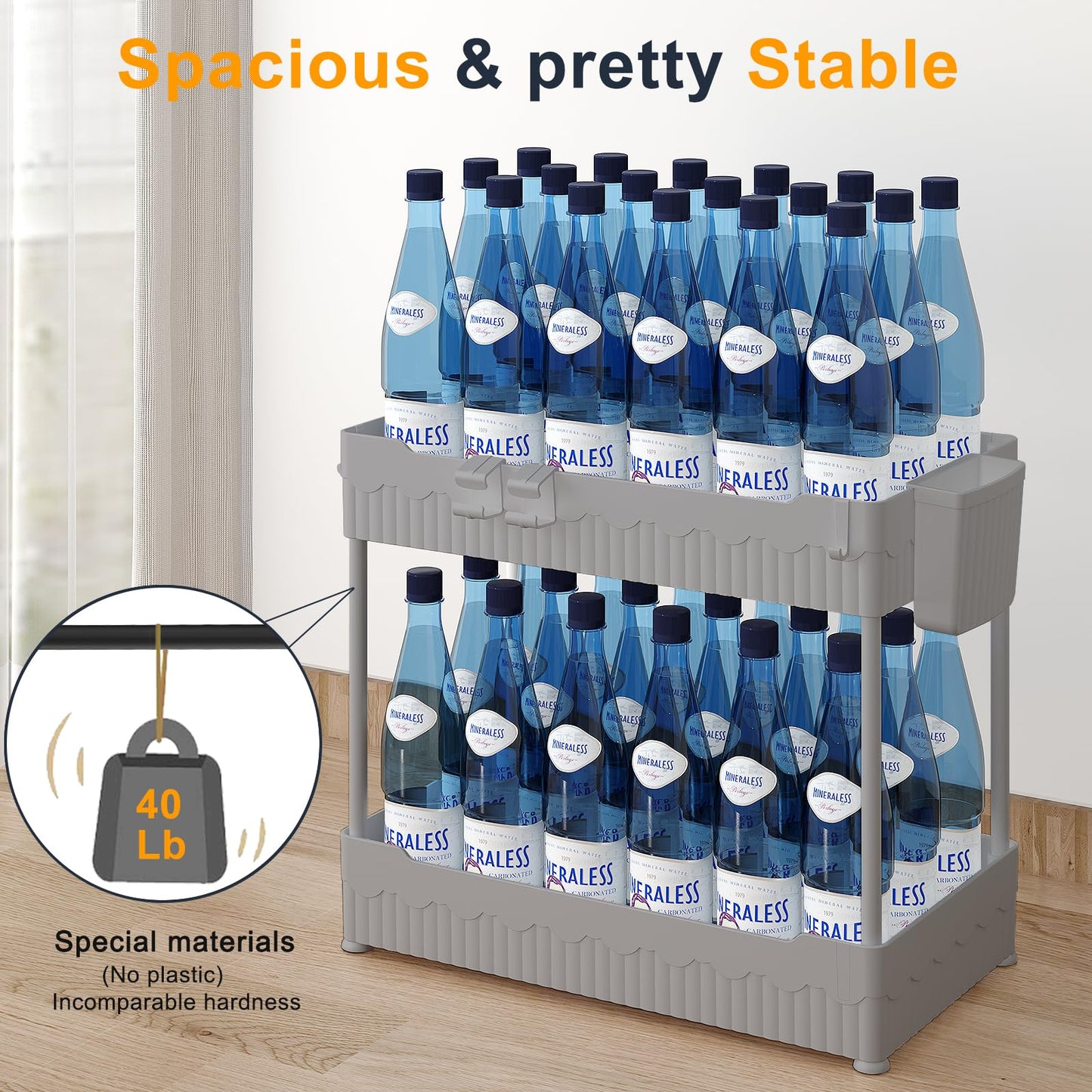 Sevenblue 2 Pack Under Sink Organizer, Under Bathroom Cabinet Organizer with Hooks Hanging Cup, Multi-Purpose Storage Shelf for Kitchen Bathroom (Gray, 12.8 Inch)