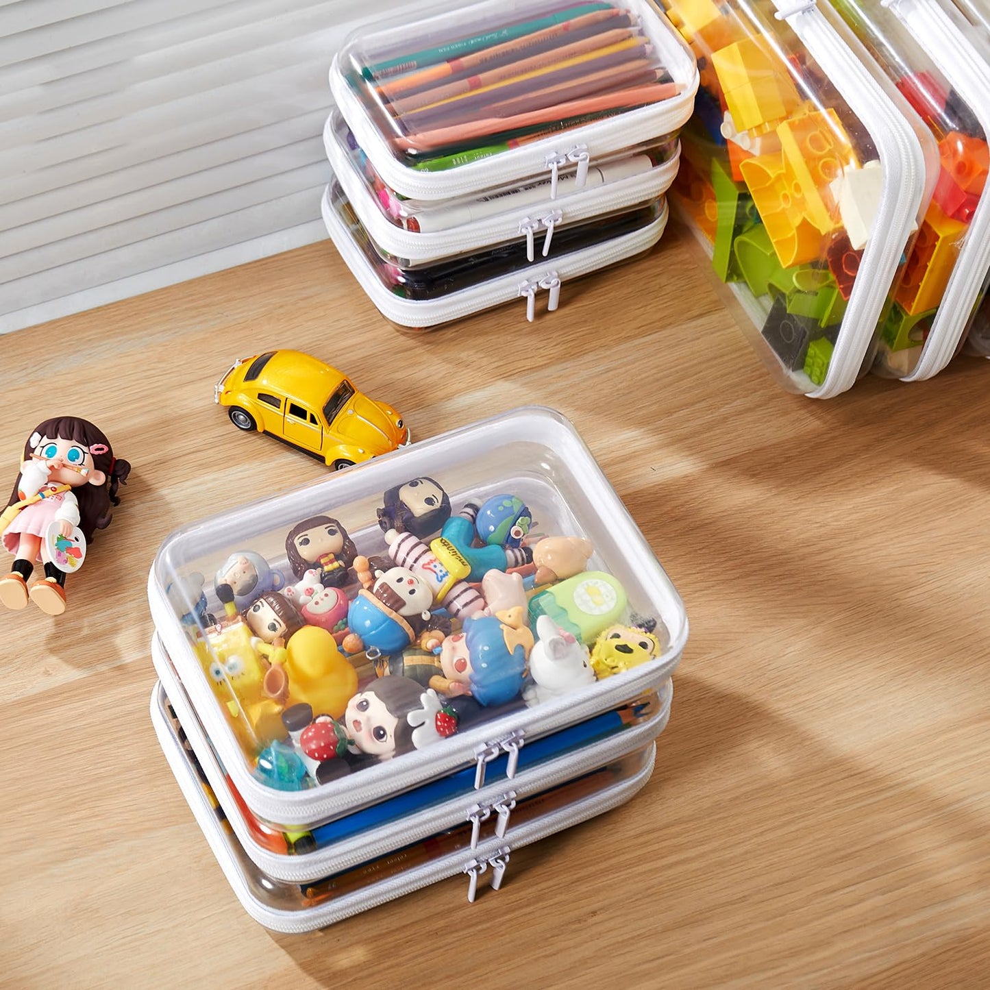 MACOPRO 4PCS Medium Clear Hard Shell Zipper Pouch - Makeup Organizer & Toy Storage Bag for Lego Bricks, Transparent Pencil Case for Stationery, Portable Travel Toiletries Bag