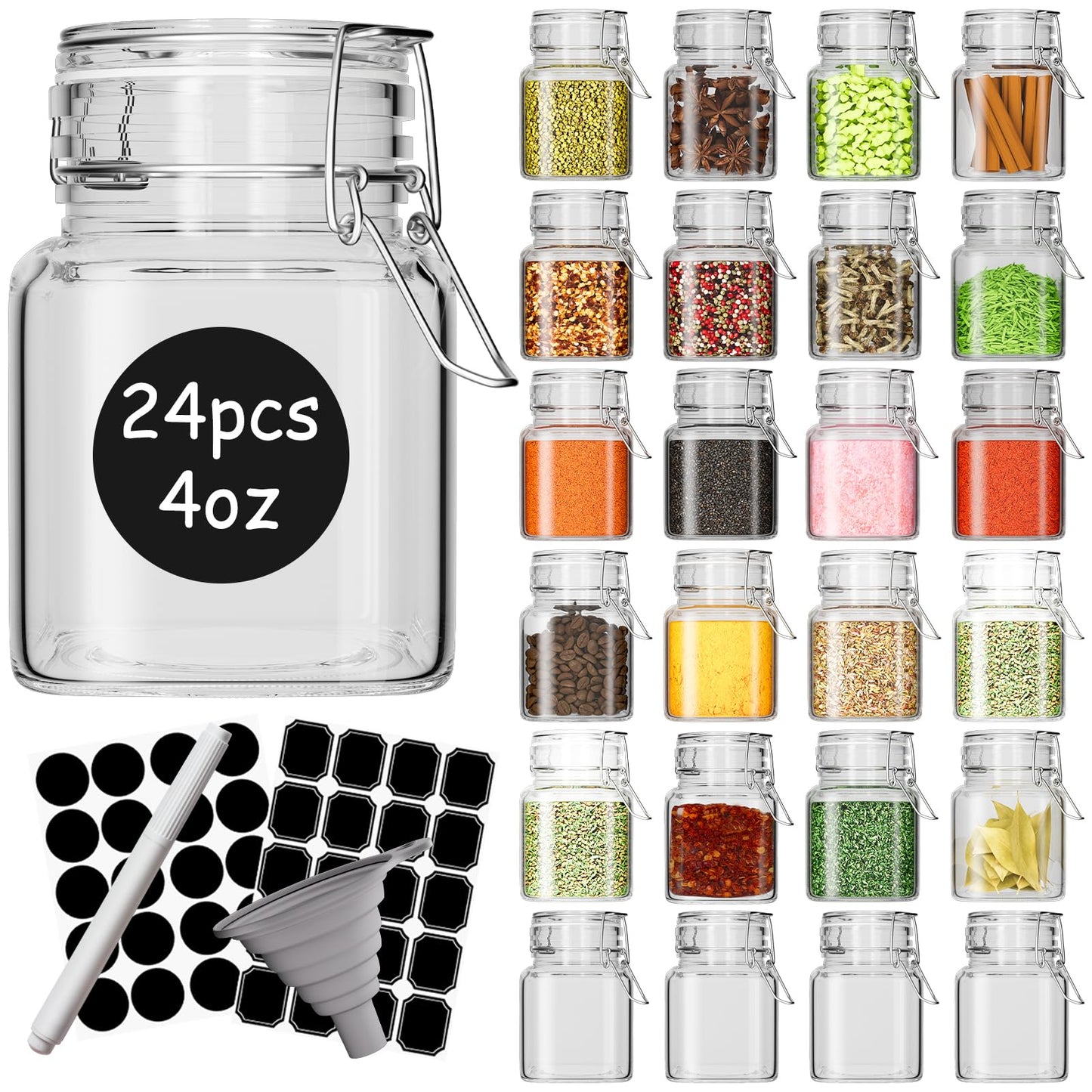 DHSBTLS 4 oz Mini Square Spice Jars, 24 Pack Glass Mason Jars with Airtight Hinged Lid, Leak Proof Storage Container for Spices, Honey, Food Bottles with Silicone Funnel and 40 Labels &Chalkboard Pen
