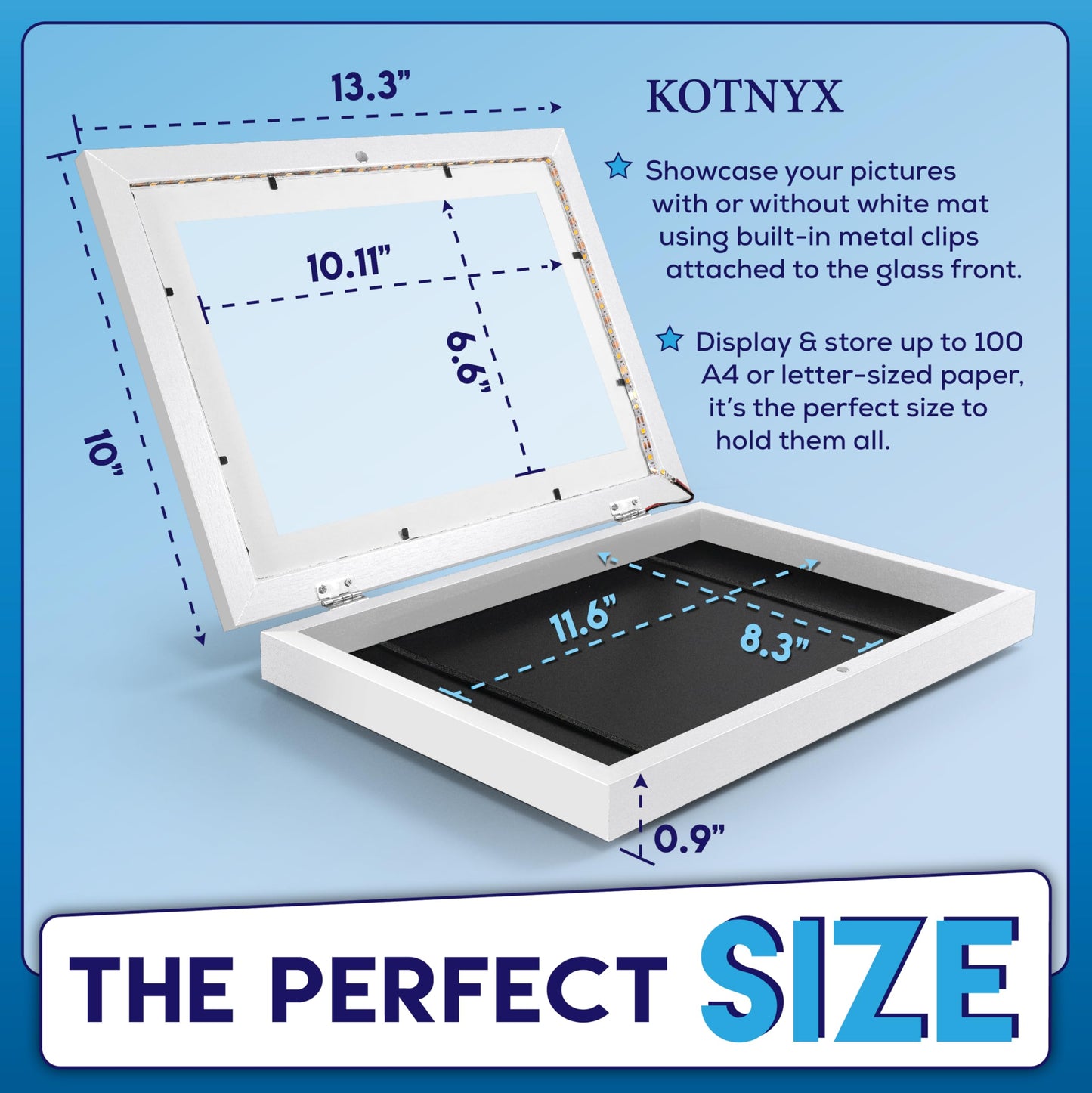 KOTNYX 2 Pack LED Light Kids Artwork Frame - Front Opening Kids Art Display Picture Frame, Holds 100 Pictures, MDF & Shatter-Resistant Glass, Standing Frame/Wall Hanging,13.3x10, Mat 11.6x8.3 (white)
