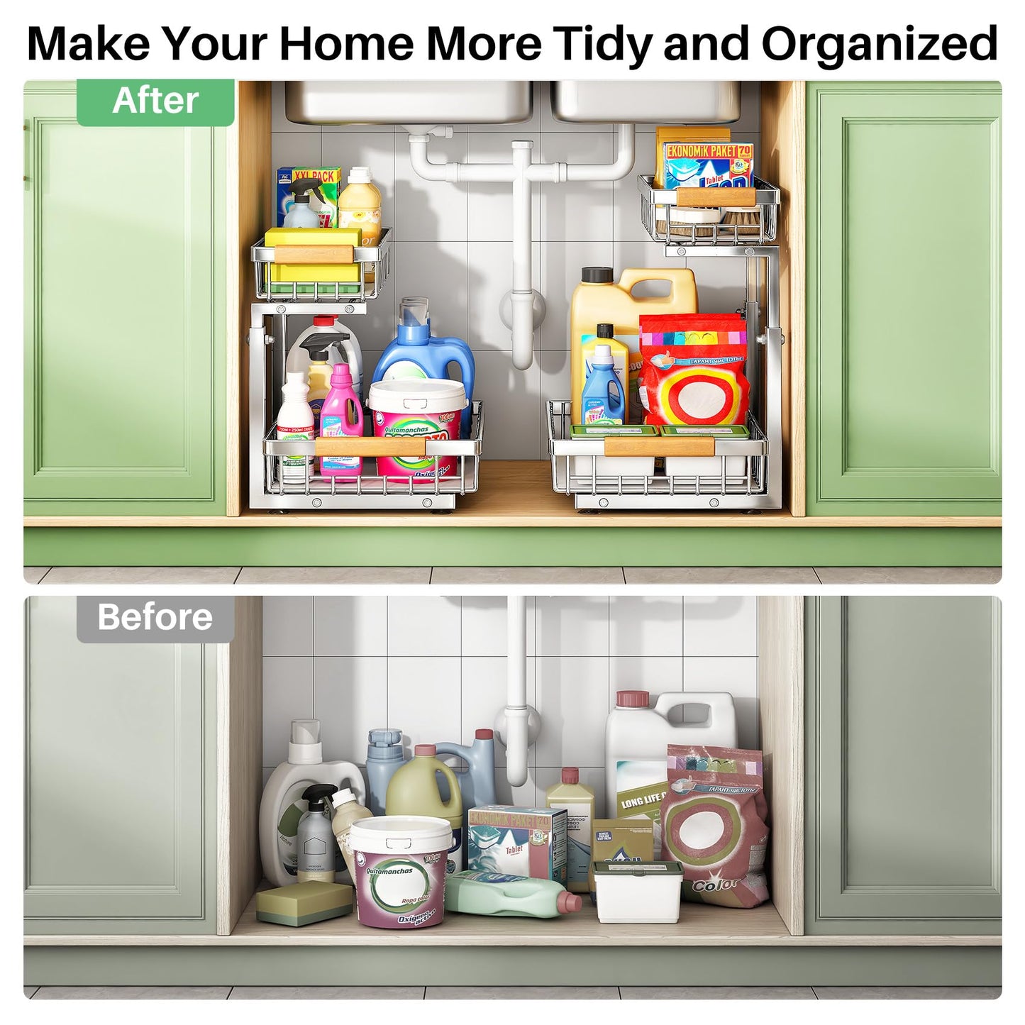 Kitstorack Under Sink Organizer, 2 Tier Under the Sink Storage, Slide out Pull out Cabinet Organizer Shelf, Metal Sliding Drawer for Kitchen Bathroom Pantry Closet Organization Rack, Silver, 1 Pack