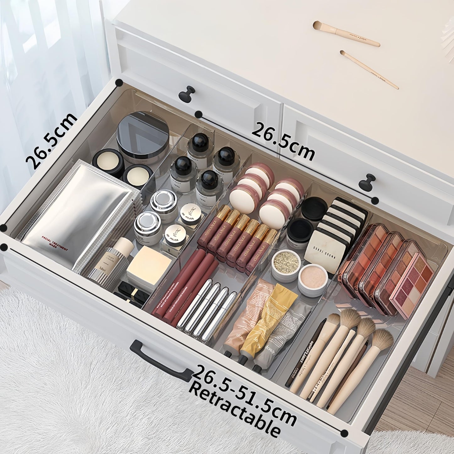 Expandable Drawer Storage Box with 6 Removable Dividers - 2.04" Depth for Light Drawers, Kitchen Utensils, Cosmetics, Office Supplies Organizer (10.43" Length, 20.27" Width)
