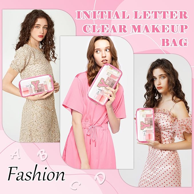Personalized Initial Letter Clear Makeup Bag,Preppy Small Nylon&PVC Cosmetic Zipper Bag with Chenille Letter,Portable Beach Travel Skincare Toiletry Bag,Trendy Monogram Gift for Teen Girls Women,Y