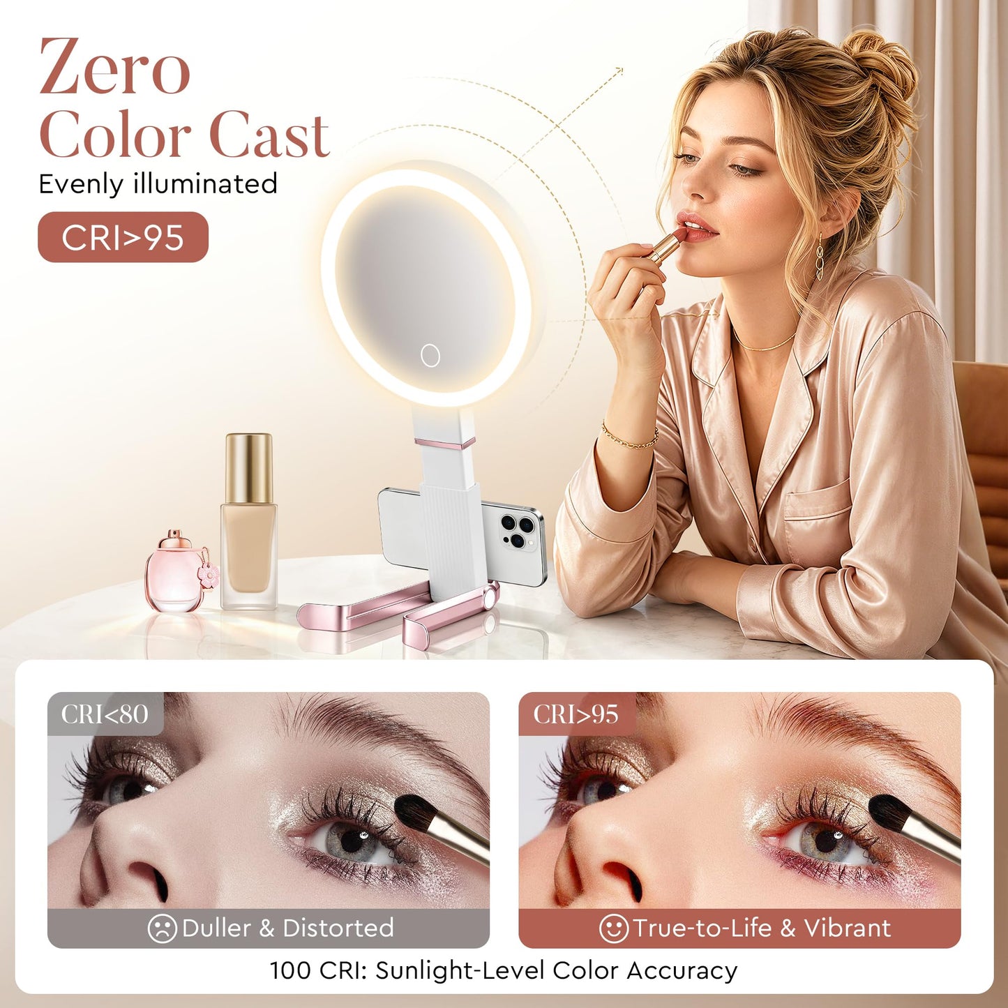 MIYADIVA Travel Makeup Mirror with Lights, Height Adjustable 30X/1X Double-Sided Magnifying Mirror, Portable Foldable Vanity Mirror with Digital Display & Phone Holder, Handheld Tabletop Hanging