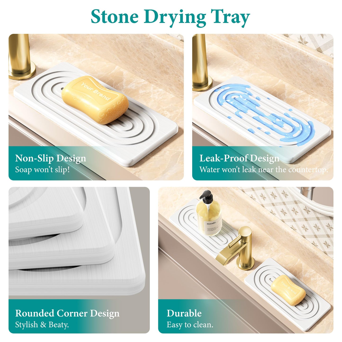 Water Absorbing Stone Tray, Quick Drying Diatomite Bathroom Tray Countertop, Stone Drying Mat for Kitchen Counter, Soap Dish Dispenser Vanity Organizer, White-A-12.2" x 4"