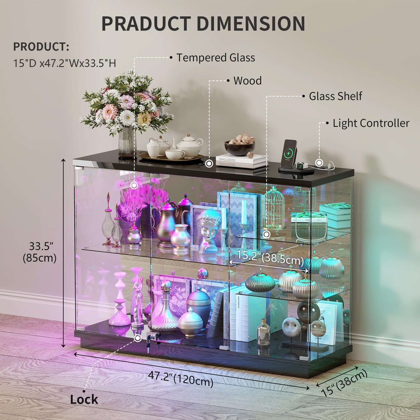 HNEBC 47.2" W Display Cabinet - with Lockable Glass Door,5-Tier Glass Display Case with 12 Lights Modes for Collectibles,Lighted Cuiro Cabinet with Human Sensor,China Cabinet,Living Room,Black