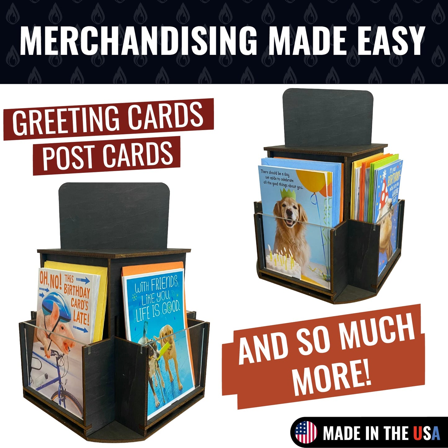 Rotating Greeting Card Display Stand, 1 Tier Wooden Organizer, 4-Sided Display Rack 360 Degree Spinning Multi-Pocket Display for Coasters, Stickers, Retail, Showcase, Tradeshow, 12.5”H (Ebony)