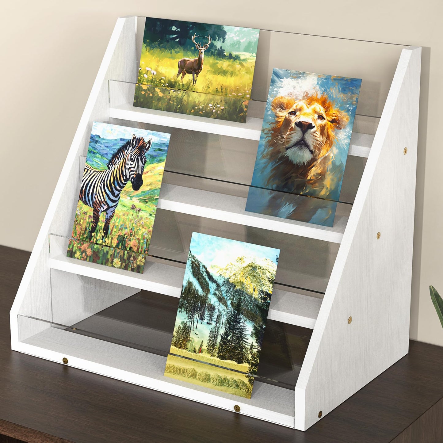 NiHome 4-Tier Bamboo & Acrylic Greeting Card Display Stand for Cards, Photos, Postcards - Stylish Showcase Organizer with High-Transparency Panels for Home, Wedding, Birthday Decor & Keepsakes (White)