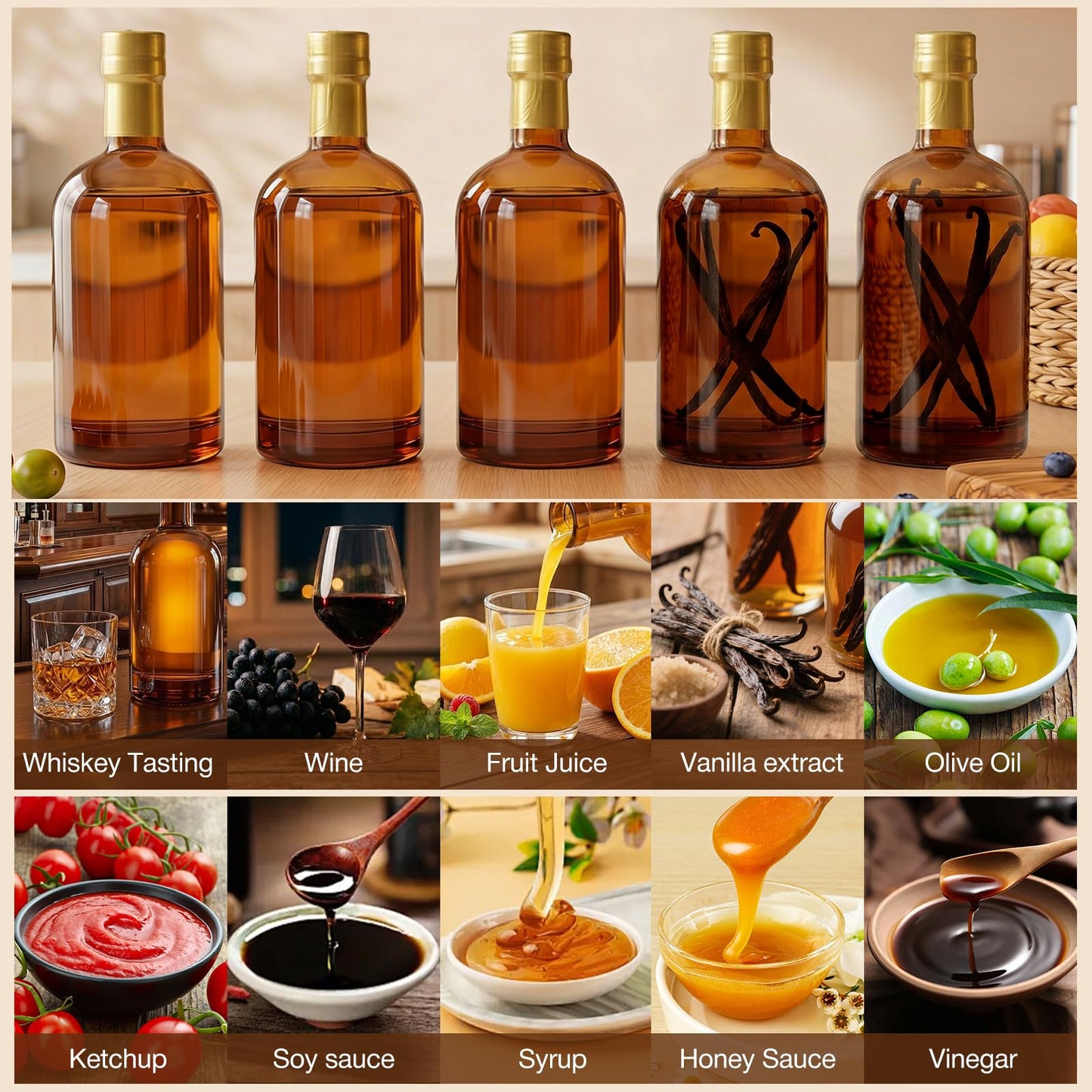 TBWIND 4 Pack 32oz Amber Glass Bottles with Airtight T-Top Corks, 1000ml Refillable Brewing Bottles for Kombucha, Mead, Wine, Syrups & Oils, Includes Funnels & Labels