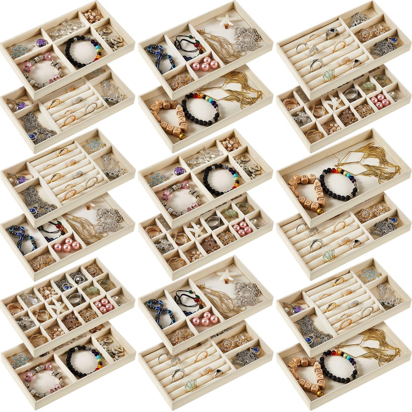 Junkin 18 Pcs Velvet Jewelry Tray, Stackable Jewelry Organizer Trays for Drawer, Jewellery Box Divided Display Tray, Jewelry Inserts for Drawer for Rings Earring Bangle Necklaces(Beige)