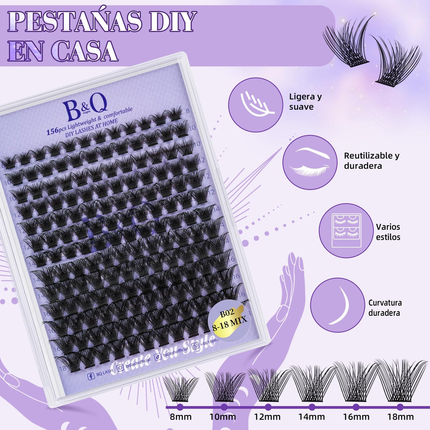 B&Q Wispy Lash Clusters Kit B02, DIY Lash Extension Kit 156PCS Eyelash Extension Kit, Soft Natural Lash Clusters 8-18MIX D Curl Lash cluster, Thin Black Band Cluster Eyelash Extensions (B02 Set)