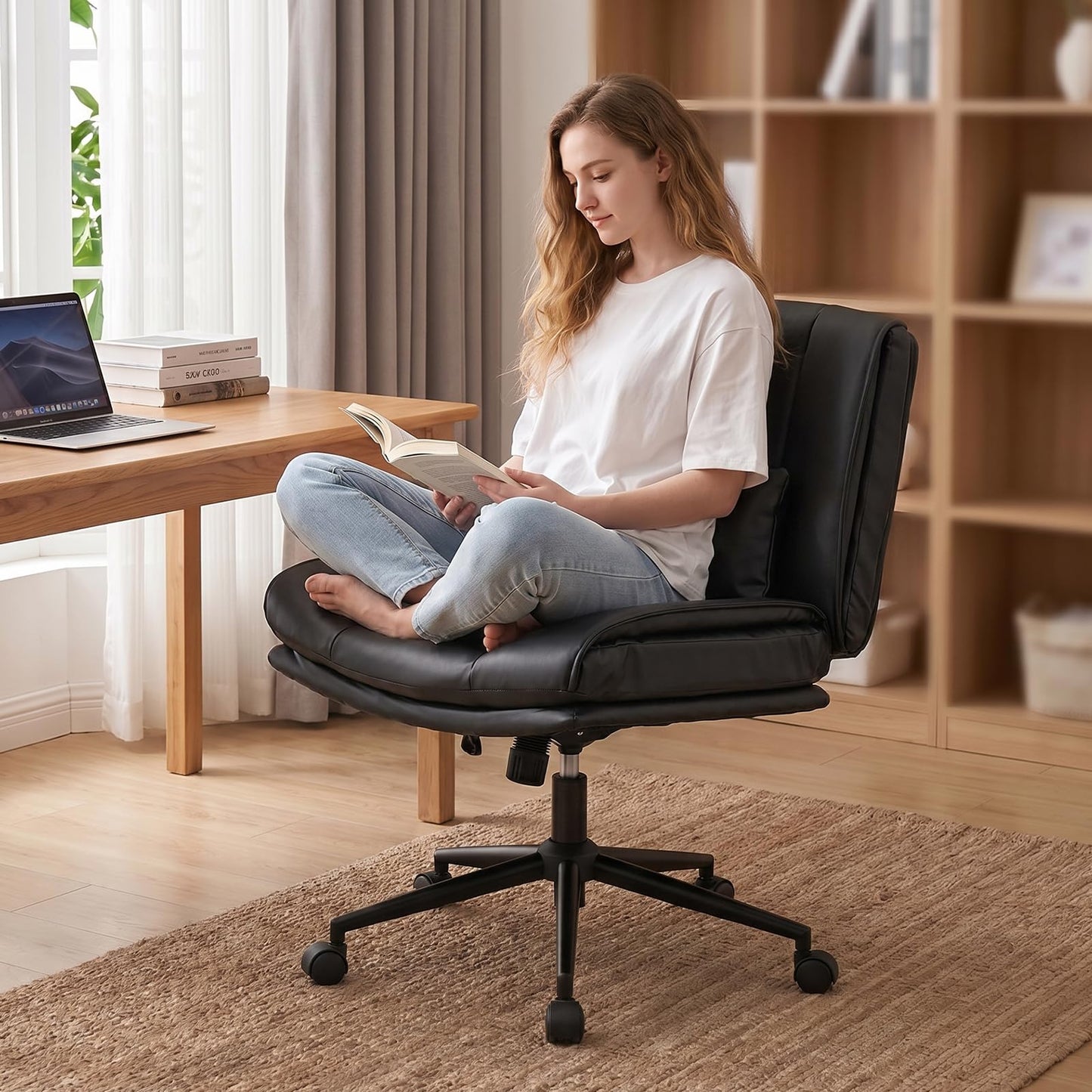 BIAOZHIKE Armless Criss Cross Office Chair with Wheels,PU Leather Black