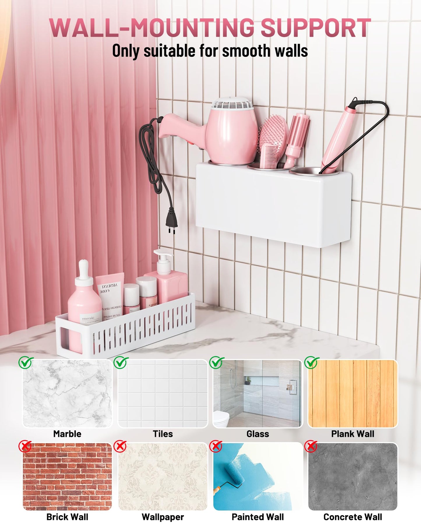 LATTYSY Hair Tool Organizer, Detachable Hair Dryer Holder with 3 Stainless Steel Cups, Wall Mounted Bathroom Organizers and Storage for Accessories, Curling Irons, Straighteners, Toiletries, Makeup
