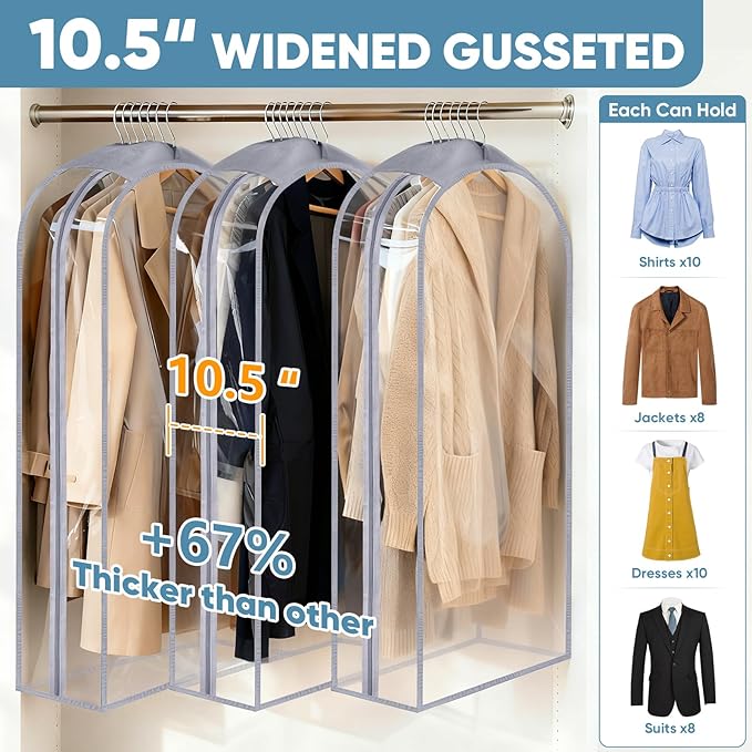 BALEINE 50'' Clear Garment Bags for Hanging Clothes, 10.5'' Wide PEVA Suit Bag for Closet Clothes Dresses Coat (Clear, 6PK)
