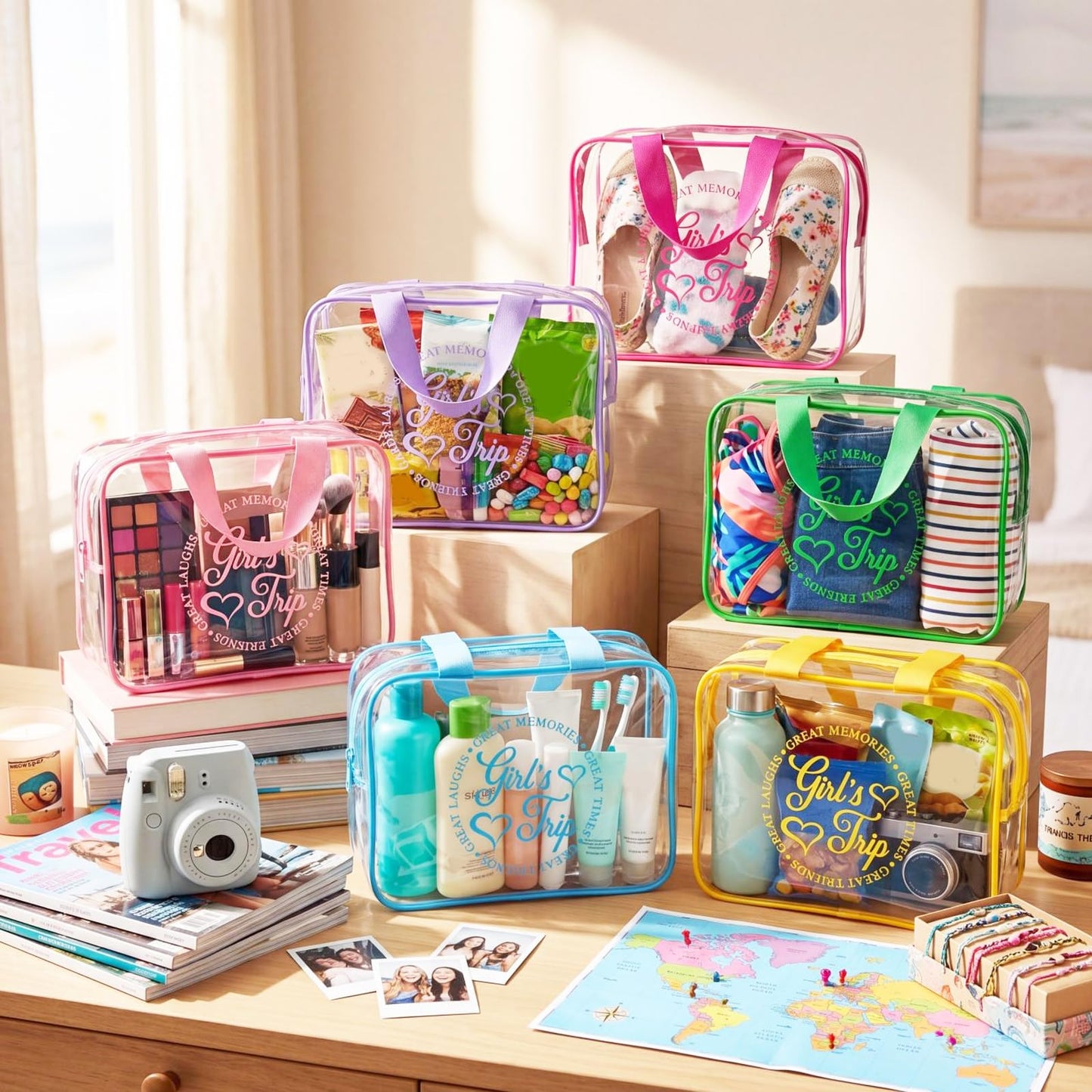 Sunnymove 6 Pcs Girls Trip Gifts Favors Large Clear Makeup Bags with Handle Zipper for Women Waterproof PVC Cosmetic Bag Gifts Set for Women, Sister, Colorful