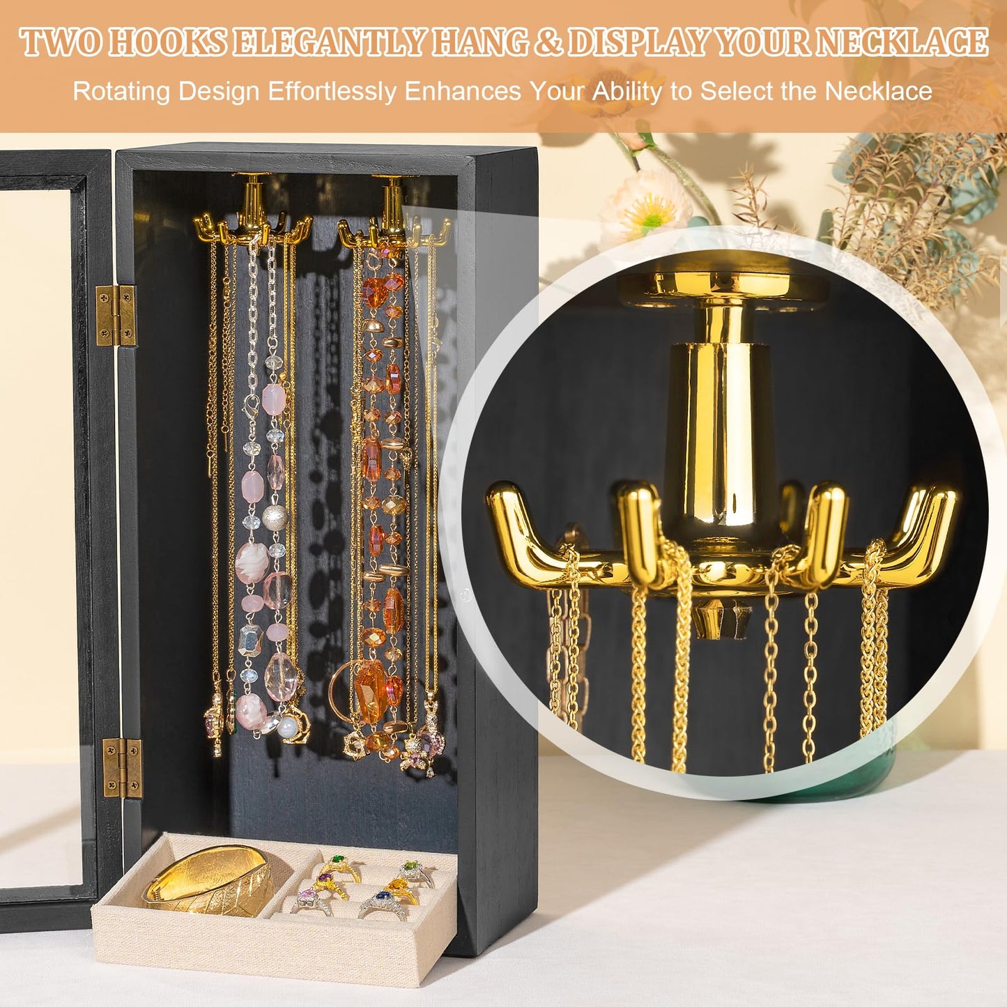 SINGLBA Necklace Holder Organizer, Wooden Jewelry Box for Women Girls, Rotatable Jewelry Organizer Case with Ring Tray Display & Storage for Necklaces Bracelets Rings Earrings, Gifts for Women Her