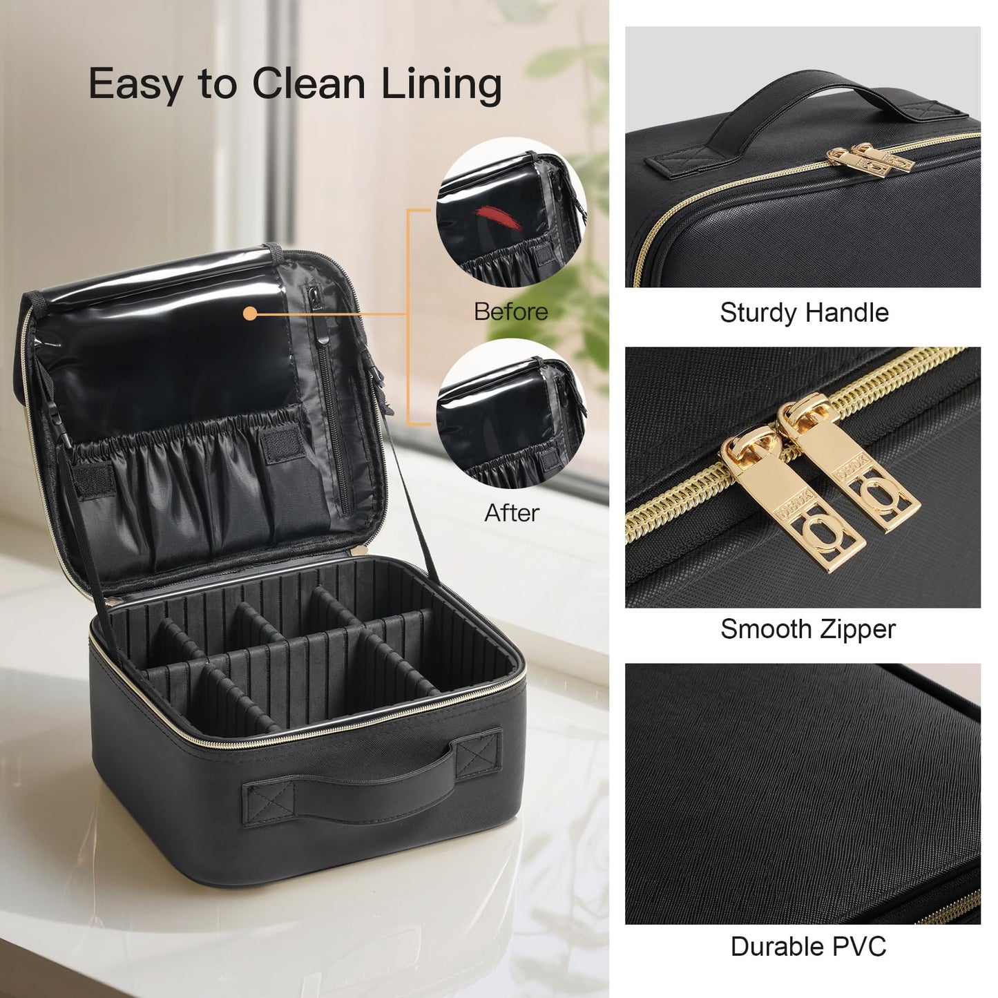 BEAUTY CASE Makeup Travel Case 10 Inch, Large Storage Capacity Makeup Organizer Travel Bag with Compartment, Portable Cosmetic Case for Women, Waterproof, Durable, Gift for Her, Black