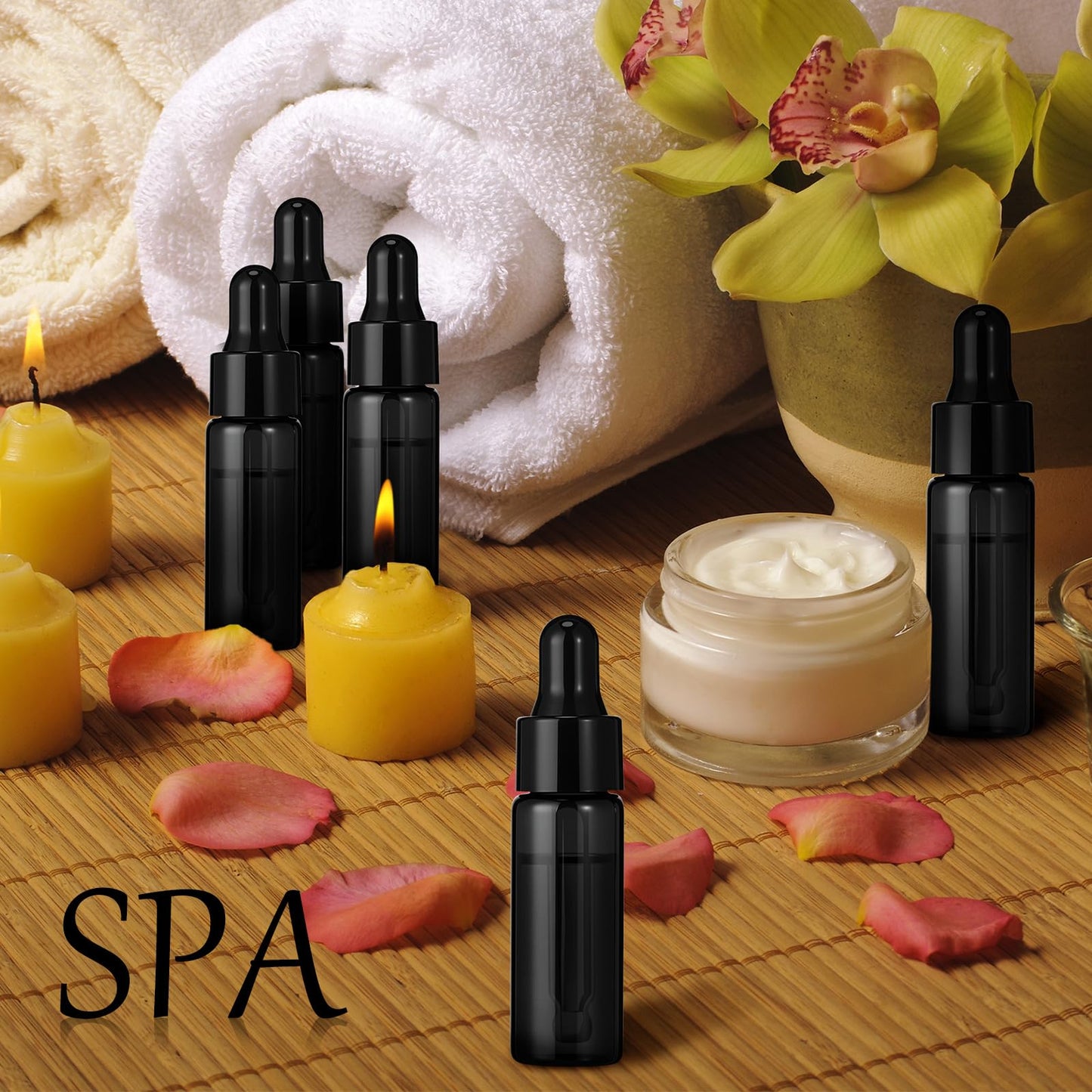 Bokon 100 Pcs Glass Dropping Bottles Mini Essential Oil Dropper Bottles Empty Sample Vials with Black Cap Tiny Storage Jars with Dropper for Perfumes Cosmetic Liquid Aromatherapy Lab(Black,5 ml)