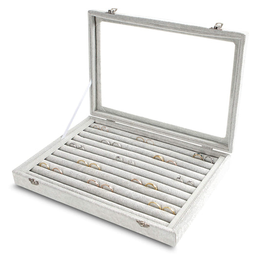 Frebeauty Rings/Earrings Organizer Tray with Clear Lid 10 Slots Velvet Drawer Insert Jewelry Storage box with Glass lid Jewelry Display Case Showcase Gift for Girls Women (Grey, 10 Slots)