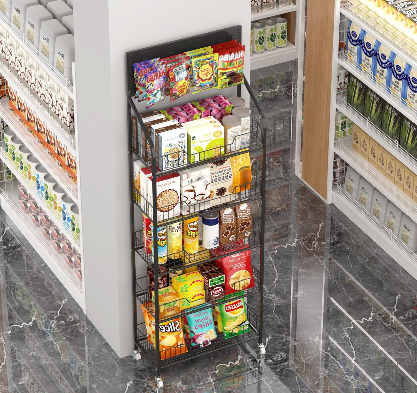 Nisorpa 5 Tier Supermarket Retail Display Racks, Free-Standing Metal Snack Candy Display Racks Cart with Wheels Chips Display Rack Stand for Convenience Stores Home Kitchen, 23.6 x 66.9 x 10.6 Inches