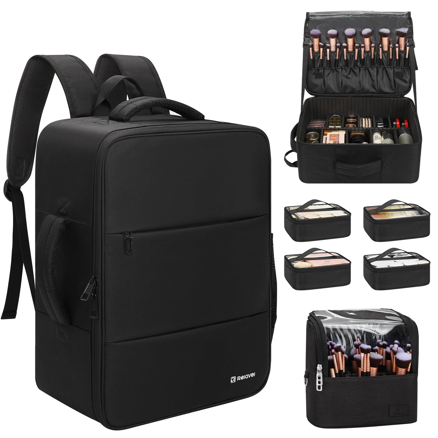 Relavel Makeup Backpack with Makeup Brush Case, Extra Large Travel Train Case Professional Artist Kit Set Bag with 4 Clear Bags, Brush Storage Organizer Box for Cosmetic Hair Tools, Black