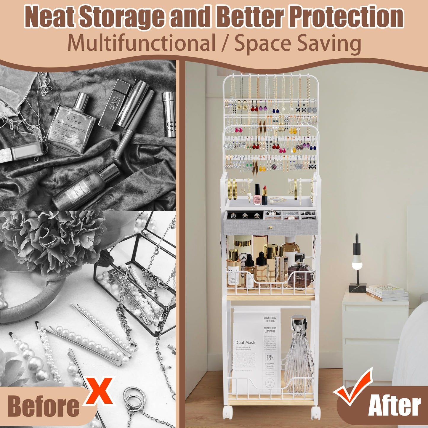 HMIEPRS Large Jewelry Organizer Stand with Box Drawer, Multifunctional Display Cases with Wheels, Armoire Jewelry Cabinet for Earring Necklace Ring Bracelet Makeup