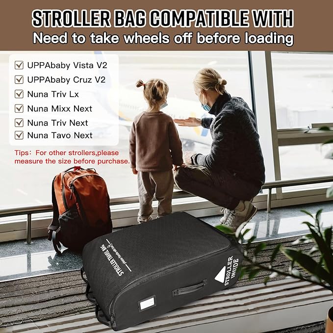 RAYMACE Padded Stroller Travel Bag for Airplane,Stroller Gate check bag with Wheels Fits UPPAbaby Vista V2,Cruz V2(Remove Rear Wheels), Travel Safe Protection Storage Bag, Patterned Design,Black