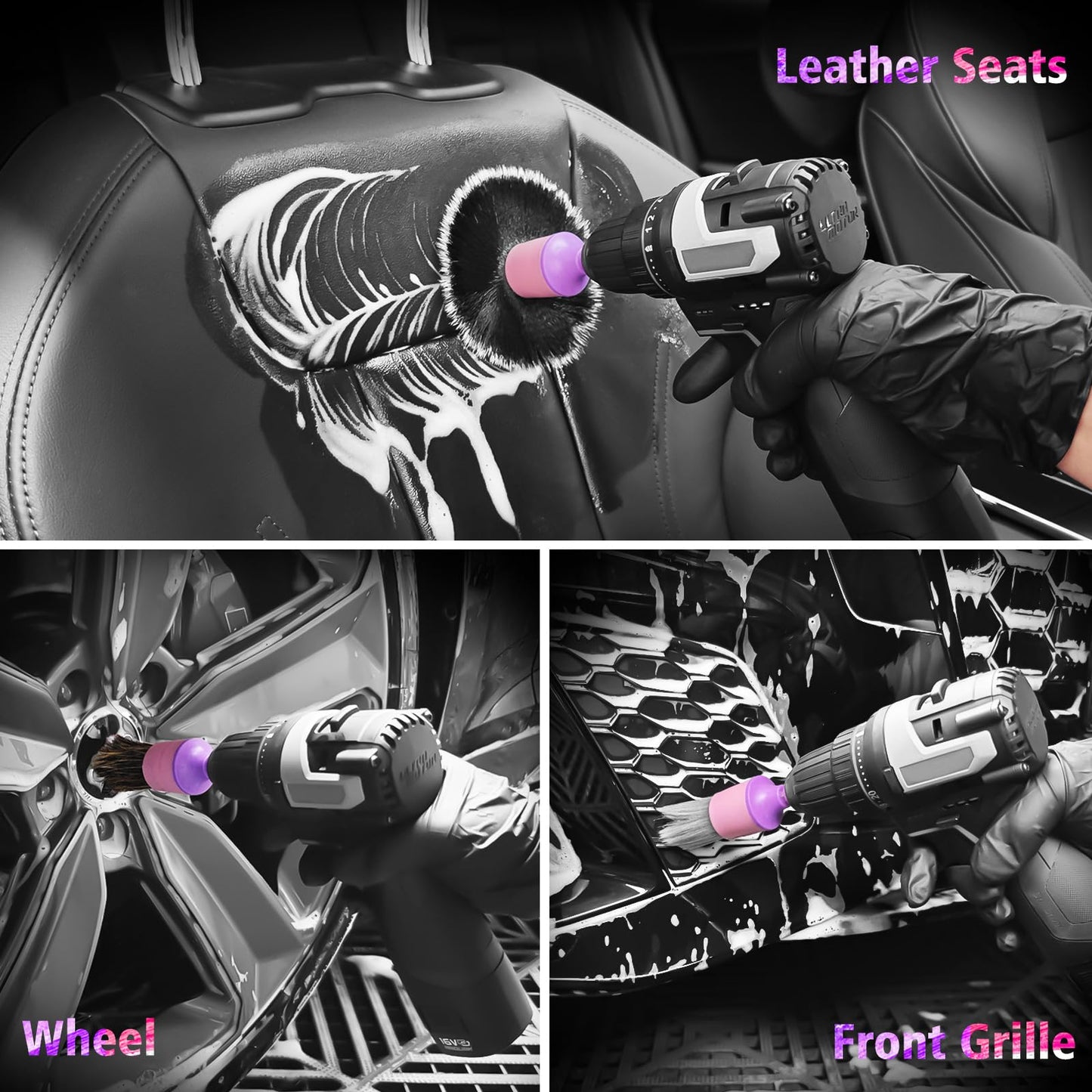 3Pcs Car Detailing Drill Brush Set with Drill Brush Attachment Head, 1P Ultra Soft No Scratch Car Drill Brush for Air Vent Leather Seat, 1P Boars Hair & 1P Detailing Brushes for Interior Exterior,Pink