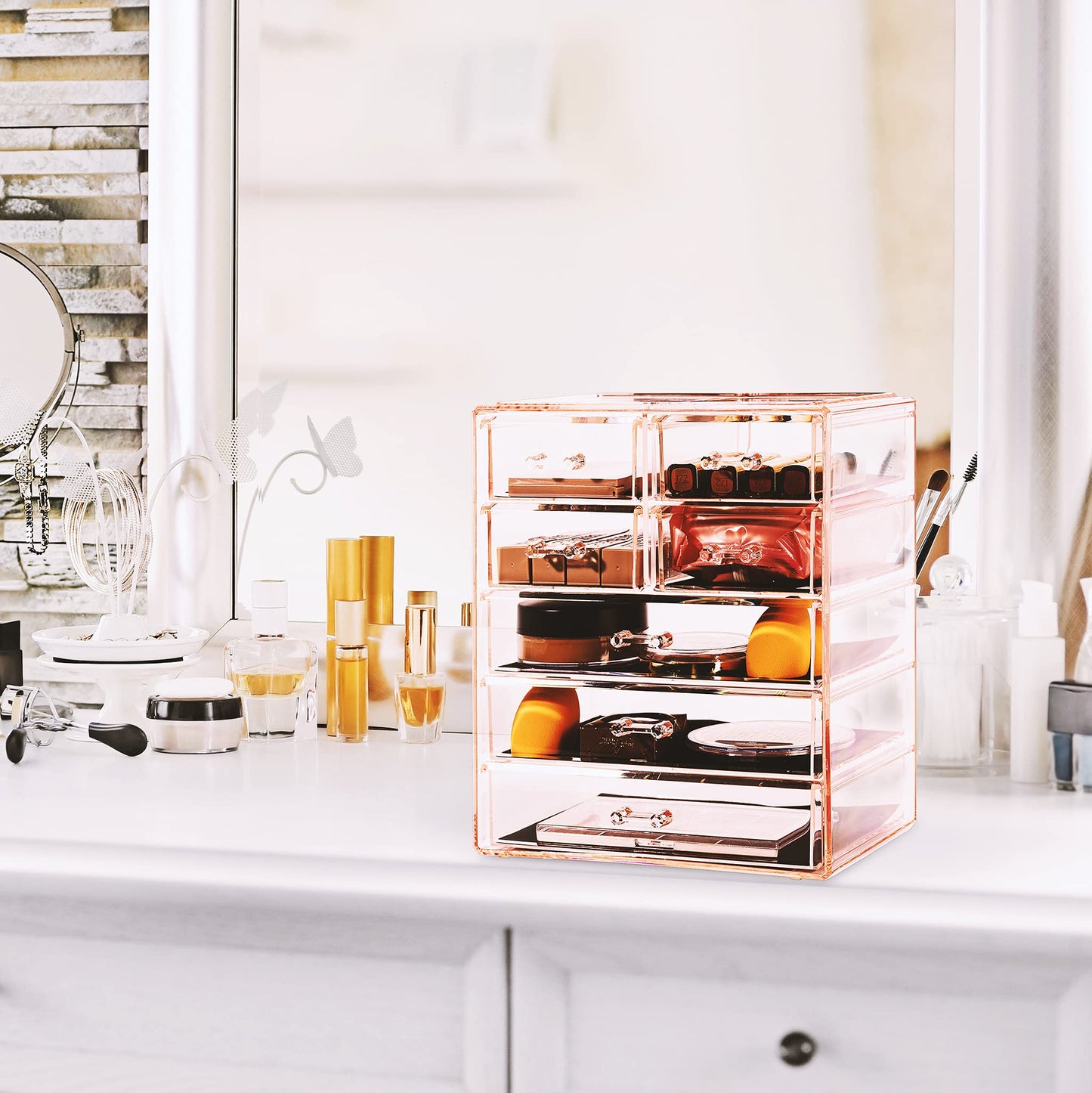 Sorbus Acrylic Makeup Organizer Set, 7-Drawer Vanity & Countertop Cosmetic Storage with Small & Wide Drawers, Pink Makeup Storage for Brushes, Lipsticks, Jewelry – Holiday Gift for Women & Teens