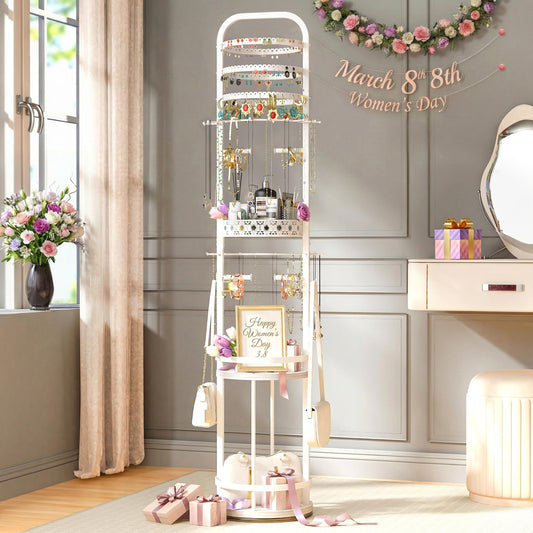 Floor Jewelry Organizer Stand, 360° Rotating Large Handing Jewelry Organizer for Display and Storage, Metal Jewelry Tree Organizer for Necklace, Earring, Bag, Jewelry Holder Organizer for Women