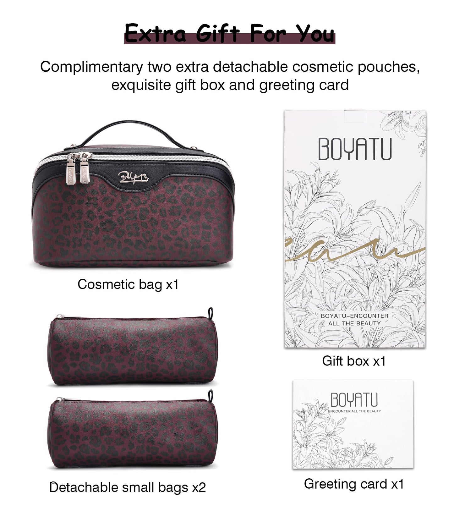 BOYATU Travel Makeup Bag Organizer: 3 Pcs Set Leopard Make up Bag for Women