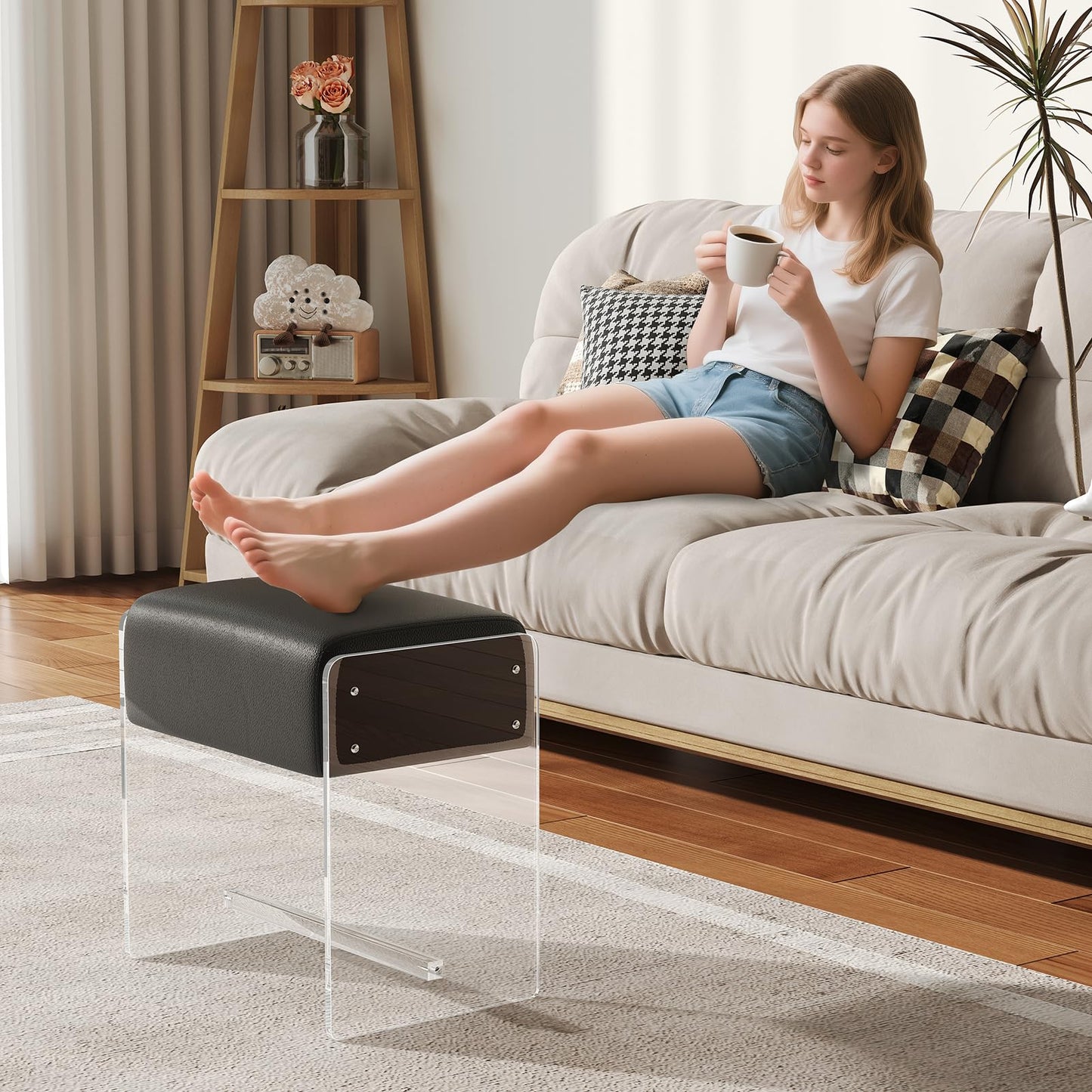 XOHYW Vanity Stool Chair, Soft Ottoman with Clear Acrylic Legs, Modern Padded Seat Footstool for Entryway, Hallways, Bedrooms and Living Room