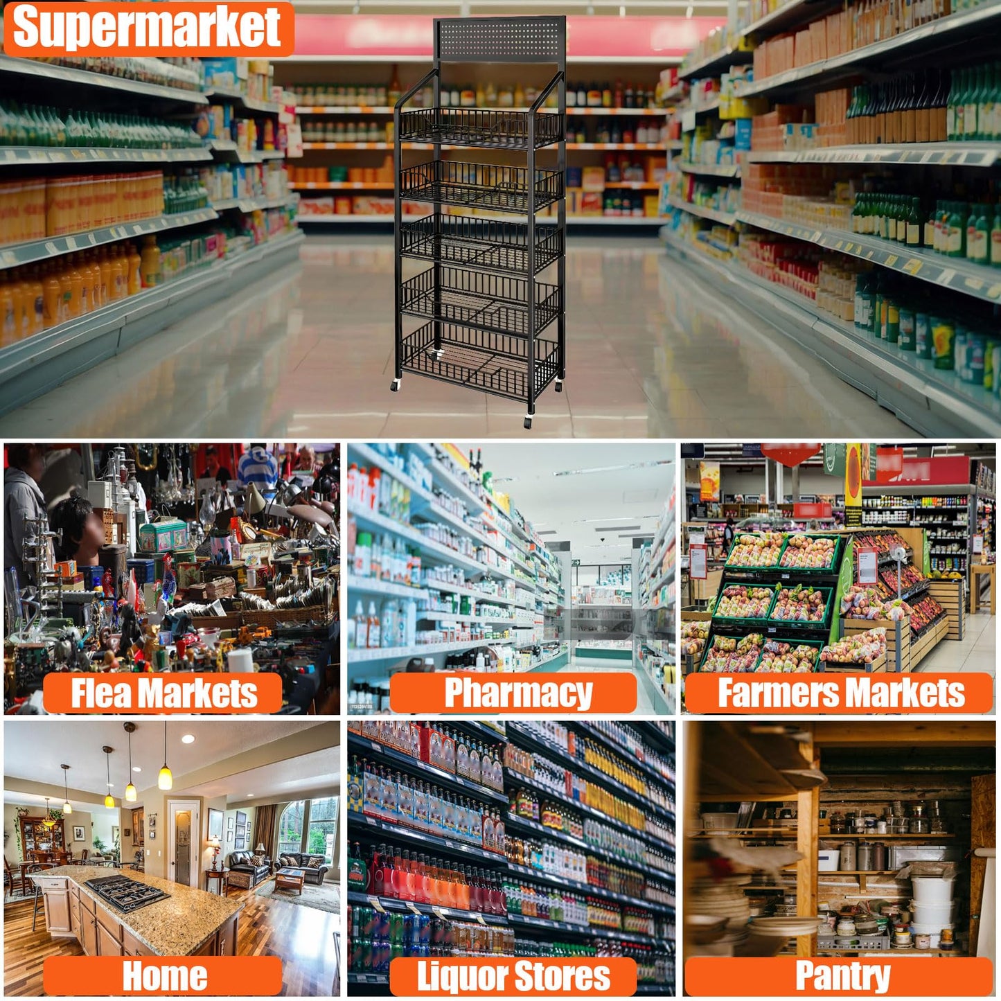 Fivaz 5 Tier Supermaket Snack Rack Display Stand, Free-Standing Black Retail Display Shelves with 12 Hooks & 4 Wheels, Large Metal Snack Shelf for Store Business