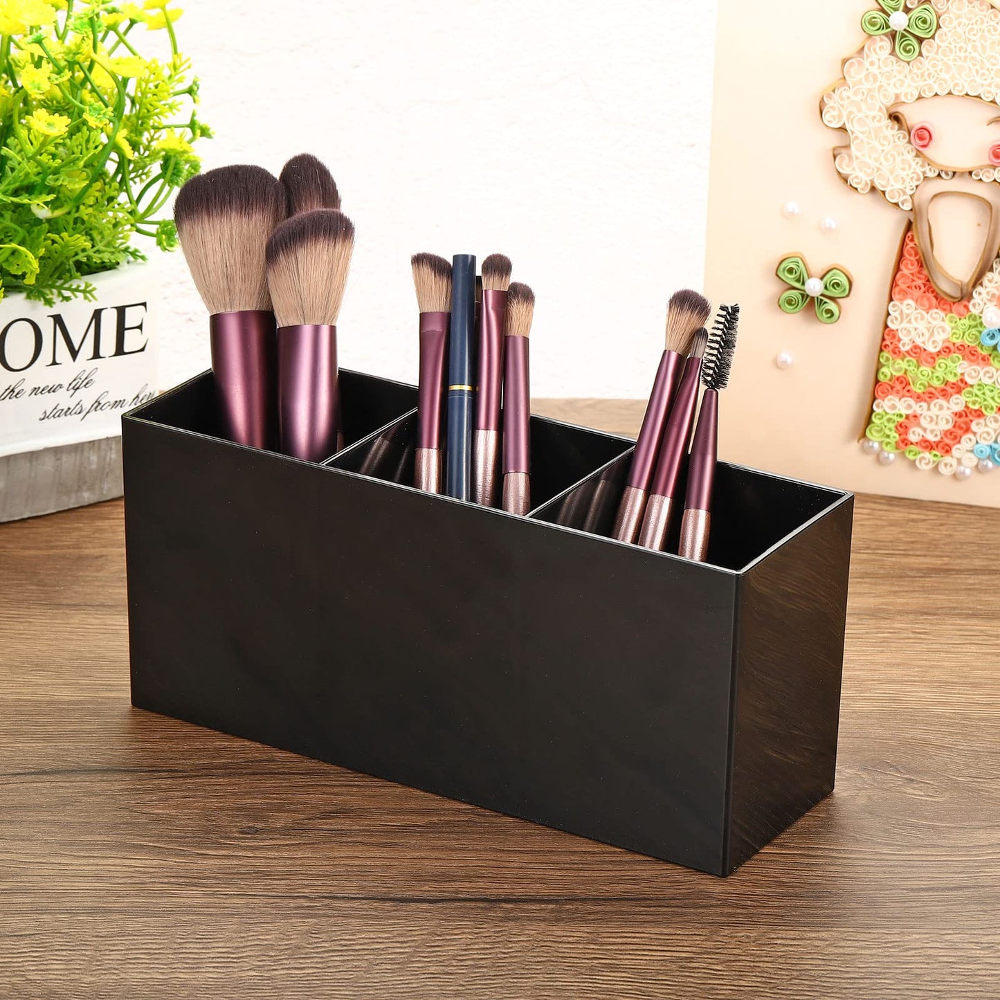 PATIKIL 3 Compartments Clear Acrylic Pen Holder, 2 Pack Pencil Holder Pen Organizer Pencil Cup Makeup Brush Holder Square for Countertop Desk, Black