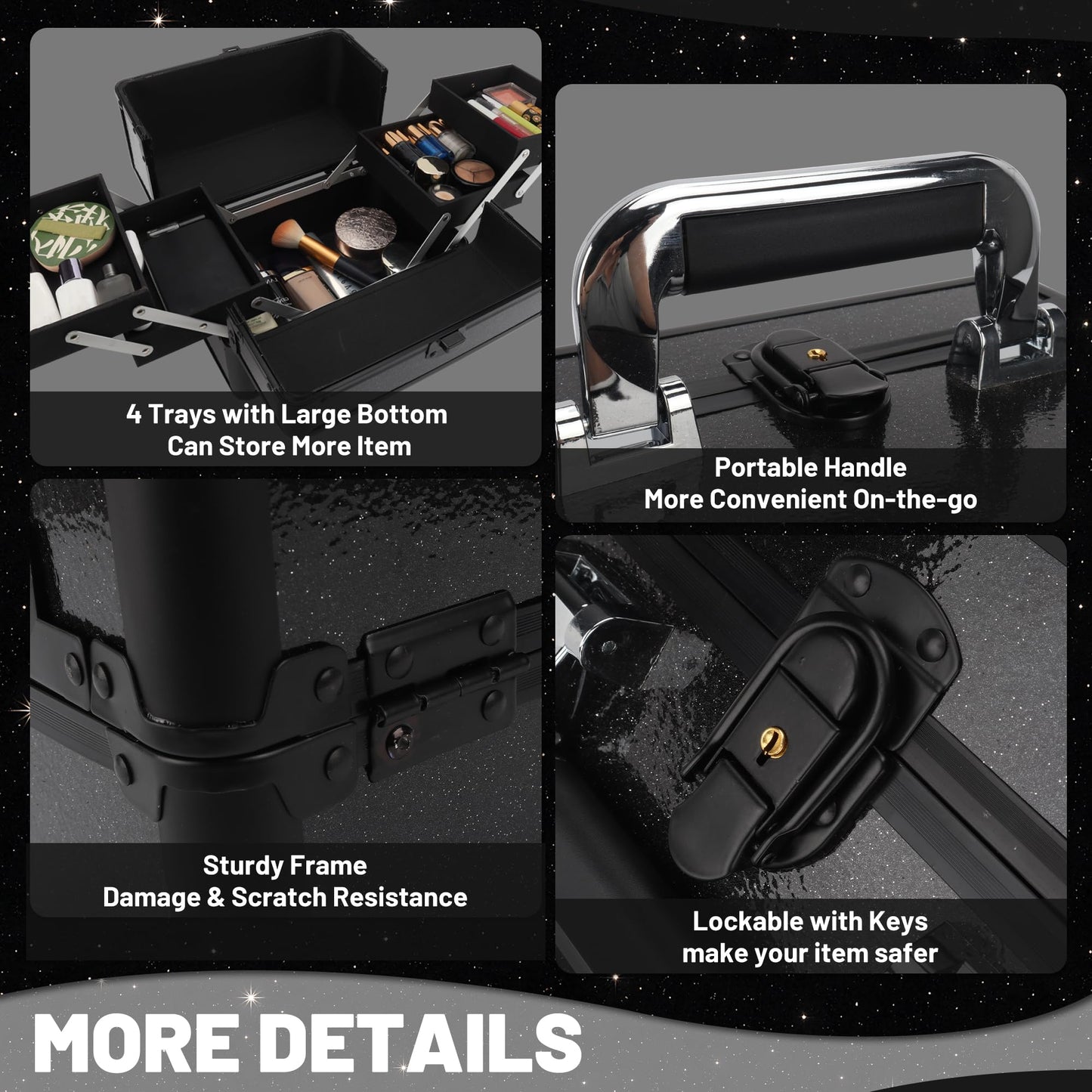 HAISKY Makeup Train Case, 10.2 in Hard Vanity Makeup Box Organizer, Starry Black Cosmetic Organizer Case with 4 Trays, Lockable Portable Makeup Artist Travel Case for Nail Tech Supplies